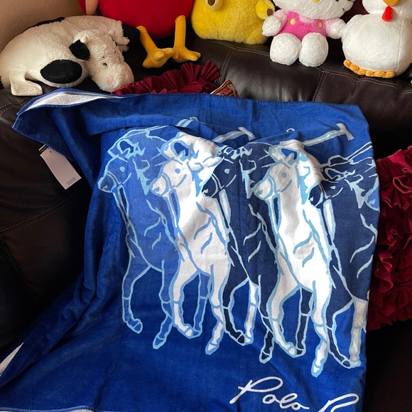 RALPH LAUREN Beach Towel 35x66 Blue Multi POLO PONY French Terry NEW $118 - Picture 2 of 6